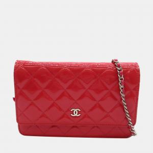 Chanel Pink  CC Quilted Patent Leather Wallet on Chain Bag