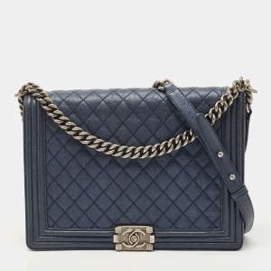 Chanel Navy Blue Quilted Leather Large Boy Flap Bag