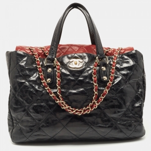 Chanel Black/Red Quilted Glazed Leather Large Portobello Tote