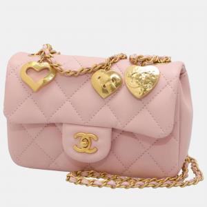 Chanel Pink Leather Classic Quilted Heart Charm Flap Bag