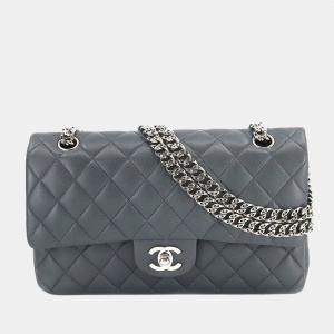 Chanel Grey Leather Medium Classic Double Flap Shoulder Bag