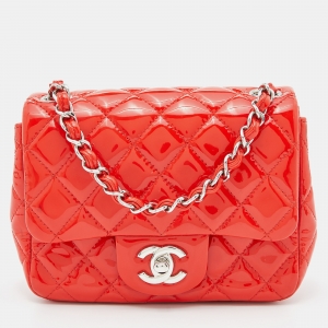 Chanel Orange Quilted Patent Leather Mini Square Classic Flap Bag