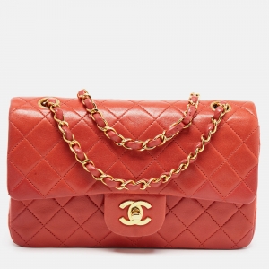 Chanel Red Quilted Lambskin Leather Small Classic Double Flap Bag