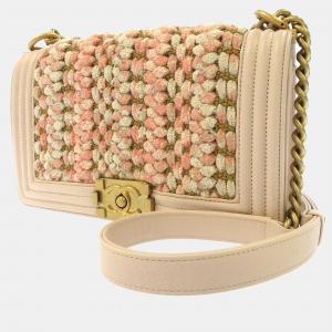 Chanel Beige/Pink Knit Tweed Leather Medium Boy Shoulder Bag