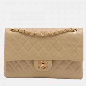 Chanel Beige Leather Medium Classic Double Flap Shoulder Bag