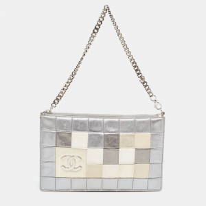 Pre Owned Chanel Silver Multicolor Square Quilted Wristlet Clutch