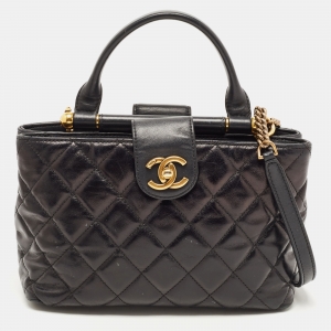 Chanel Black Quilted Leather Gold Bar Top Handle Bag