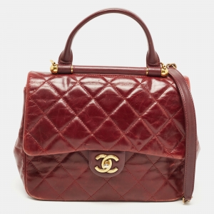 Chanel Burgundy Quilted Leather Gold Bar Top Handle Bag