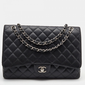 Chanel Black Quilted Caviar Leather Maxi Classic Single Flap Bag