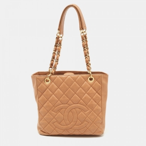 Chanel Beige Quilted Caviar Leather Petite Shopping Tote