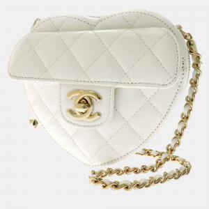 Chanel White Leather Mini CC In Love Heart Chain Shoulder Bag