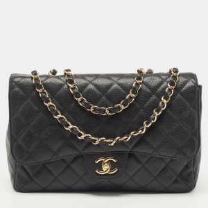 Chanel Black Quilted Caviar Leather Jumbo Classic Single Flap Bag