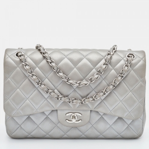 Chanel Silver Quilted Lambskin Leather Jumbo Classic Double Flap Bag