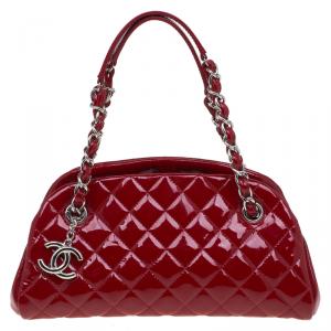Pre Owned Chanel Red Quilted Patent Leather Small Just Mademoiselle Bowling Bag