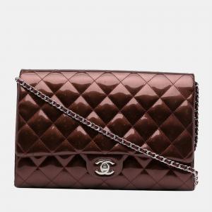 Chanel Brown Quilted Patent Clutch With Chain