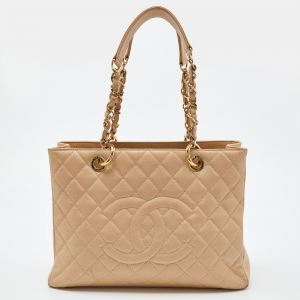 Chanel Beige Quilted Caviar Leather Grand Shopping Tote