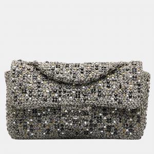 Chanel Grey Medium Quilted Crystal Tweed Single Flap Bag