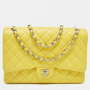 Chanel Yellow Quilted Caviar Leather Maxi Classic Single Flap Bag