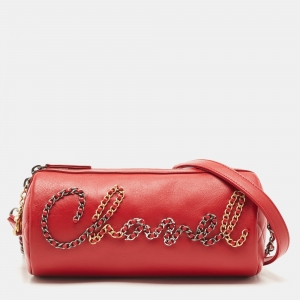 Chanel Red Leather Signature Chain Bowling Bag