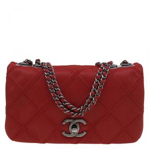 Pre Owned Chanel Red Diamond Stitch Leather Mini Flap Bag