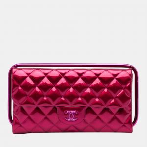 Chanel Pink Metallic Quilted Metal Handle Clutch