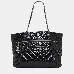 Chanel Black CC Charm Quilted Patent Leather Tote Bag