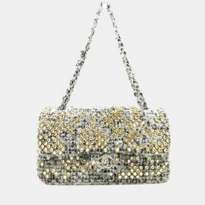 Chanel Silver Tweed Embellished Flap Bag