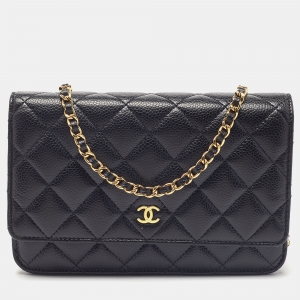 Chanel Black Quilted Caviar Leather Classic Wallet on Chain