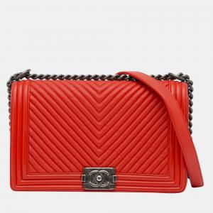 Chanel Red Medium Chevron Boy Flap