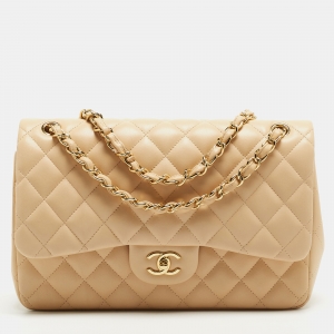 Pre Owned Chanel Beige Quilted Leather Jumbo Classic Double Flap Bag