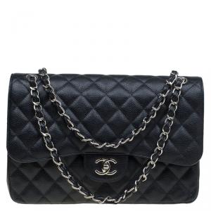 Pre Owned حقيبة شانيل قلاب مزدوج كلاسيك كبيرة جلد كافيار مبطنة سوداء