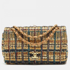 Pre Owned Chanel Multicolor Tweed and Leather Medium Classic Double Flap Bag