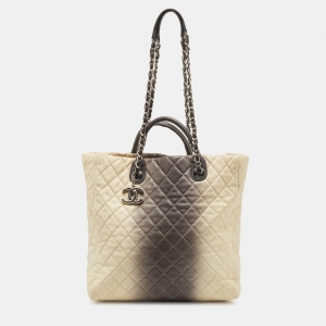 Pre Owned Chanel Cream/Dark Grey Ombre Quilted Caviar Leather Large Shopper Tote