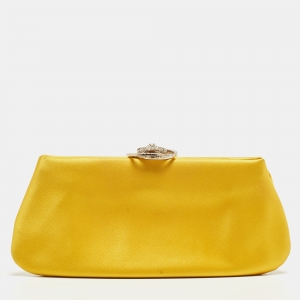 Pre Owned Chanel Yellow Satin Crystals Embellished CC Camellia Frame Clutch