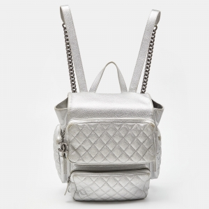Chanel Silver Quilted Caviar Leather Casual Rock Backpack