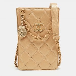 Pre Owned Chanel Gold Quilted Leather CC Phone Holder Crossbody Bag