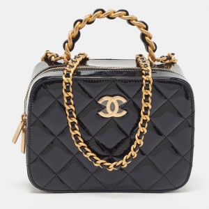 Chanel Black Quilted Patent Leather CC Chain Handle Vanity Bag