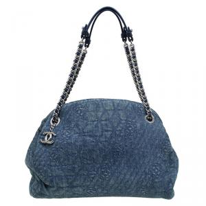 Pre Owned Chanel Blue Camellia Embroidered Denim Large Just Mademoiselle Bowling Bag