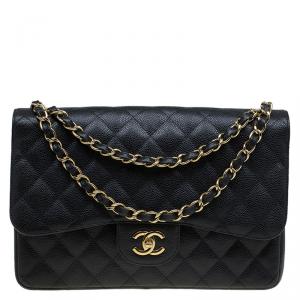 Pre Owned Chanel Black Quilted Caviar Leather Jumbo Classic Double Flap Bag