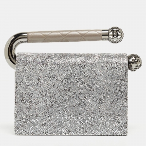 Pre Owned Chanel Grey/Silver Leather Strass Around The World Clutch