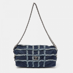 Pre Owned Chanel Navy Blue Cube Quilted Denim Triple Chain Flap Bag