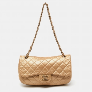 Pre Owned Chanel Gold Leather CC Gem Flap Shoulder Bag 