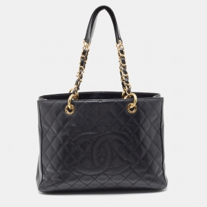 Pre Owned Chanel Black Quilted Caviar Leather Grand GST Shopper Tote Bag