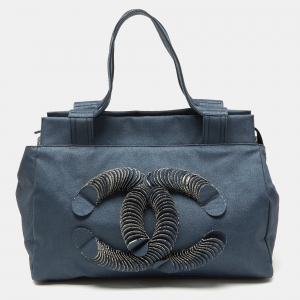 Pre Owned Chanel Blue Coated Denim Disc Tote