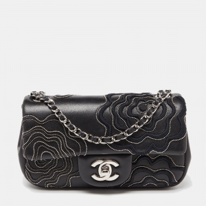 Pre Owned Chanel Black Leather Mini Camellia Follies Flap Bag 
