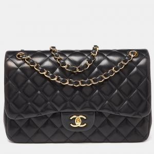 Pre Owned Chanel Black Quilted Leather Jumbo Classic Double Flap Bag