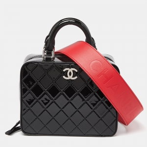 Pre Owned Chanel Black/Red Quilted Patent and Leather Travel Kit Vanity Case Bag 