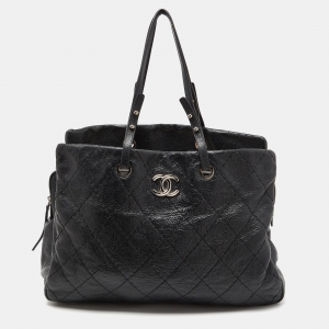 Pre Owned Chanel Black Quilted Glazed Leather Large On the Road Tote