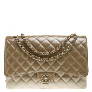 مملوكة مسبقًا Chanel Beige Quilted Patent Leather Maxi Classic Single Flap Bag