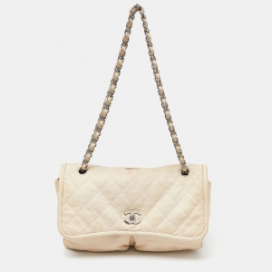 Pre Owned Chanel Off White Quilted Leather Split Pocket Flap Bag